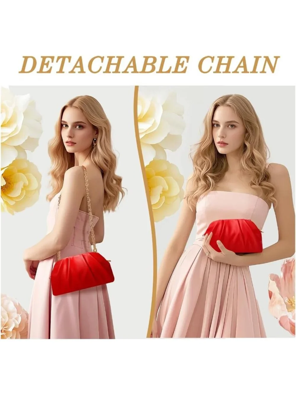 👜Women's Red Soft Pleated PU Wedding Elegant Evening Clutch Party Purse Bag